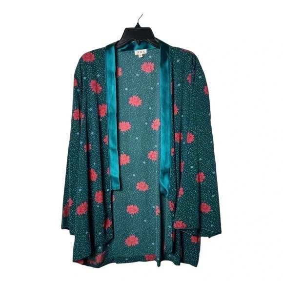 0003. POL OPEN FRONT KIMONO TEAL/RED/BLUE/WHITE‎ FLORAL PATTERN WITH POLKA DOTS - Picture 4 of 12